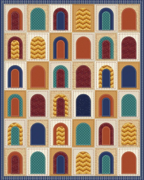A quilt-like grid of rounded arches, each a different fabric set on its own oatmeal or sand patch, with one arch opening onto a night sky and a crescent.