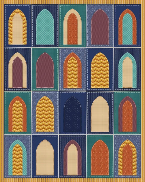 Rows of pointed arches in rust, saffron and turquoise fabrics set on indigo and teal squares, one holding a pale crescent.