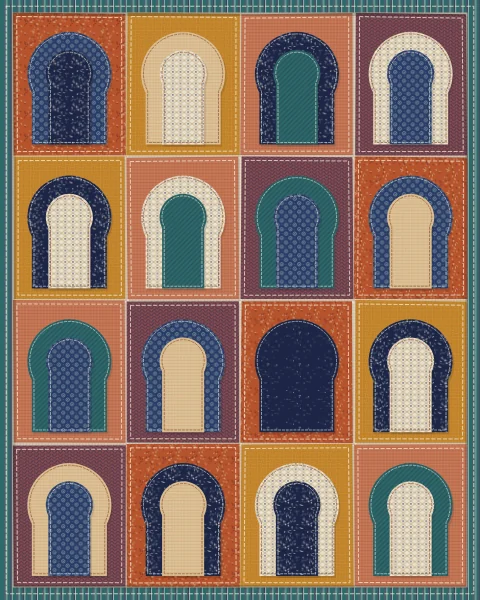 Large horseshoe arches in teal, indigo and sand fabrics on rust and saffron grounds, with smaller arches set inside some of them.