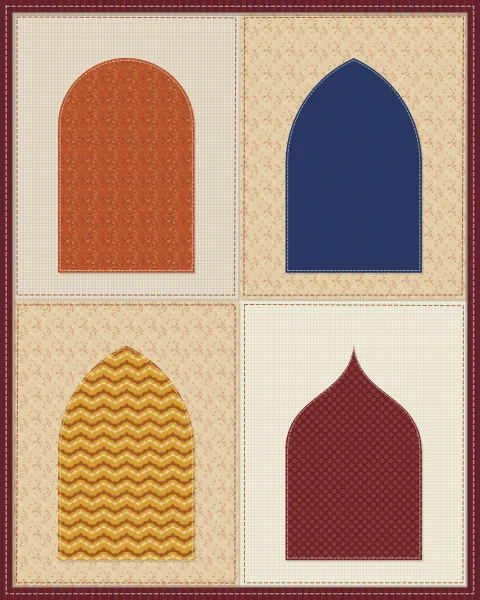 A few big arches in mixed shapes, rounded, pointed, ogee and lobed, each in its own fabric on oatmeal and sand.