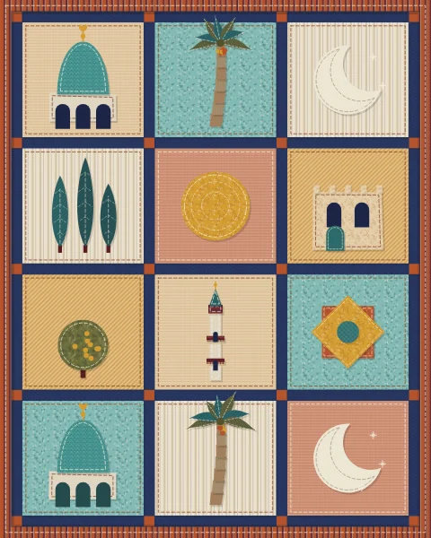 A sampler of square blocks, each holding one small scene: domes, palms, crescents, cypresses, a sun, a house, a fruit tree, a minaret and an eight-point star.