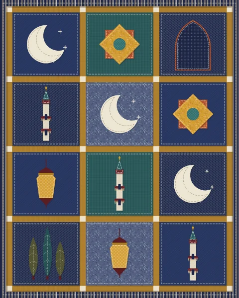 Blocks of indigo and teal, each with a night motif: a crescent, a lantern, an arch, an eight-point star, a minaret and cypresses.