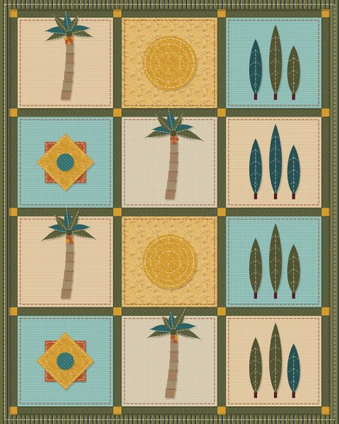 Square blocks of garden things in greens, saffron and rust: date palms, cypresses, fruit trees, a sun and stars, framed by olive bands.