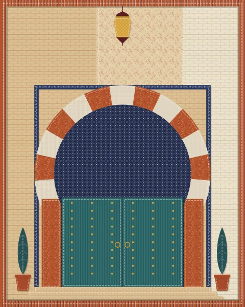 A horseshoe gateway with striped voussoirs in rust and oatmeal, studded teal doors, a lantern overhead and potted cypresses at either side.
