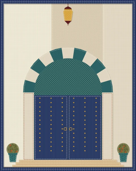 A deep indigo door with brass studs inside a rounded arch of teal and oatmeal, set in a whitewashed wall with potted fruit trees.