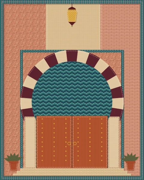 A tall gateway with many oxblood and sand voussoirs, rust doors studded in saffron, and a teal framed panel around the arch.
