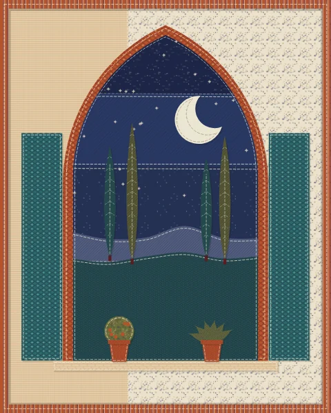 A pointed window framed in rust fabric looks out on cypresses, dark hills and a crescent; mashrabiya shutters stand open on each side.