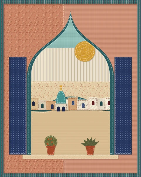 An ogee window in teal looks out over rooftops, a dome and a hot sun; pots of geranium and palm sit on the sill.