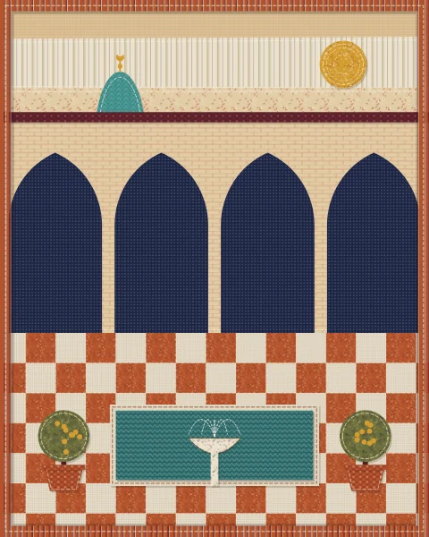 A courtyard with a pointed arcade, a dome behind, a rectangular pool with a small fountain and orange trees in planters on a chequered floor.