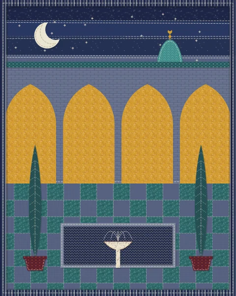 The courtyard at night, the arcade lit in mustard, cypresses in planters and a crescent over the dome.