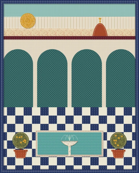 A bright courtyard with round arches in oatmeal, a turquoise pool and a floor of indigo and cream tiles under a clear sky.