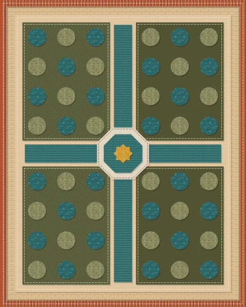 A walled garden seen from above, divided into four beds by channels of water meeting at an octagonal pool with a star at its centre; trees stand in rows.
