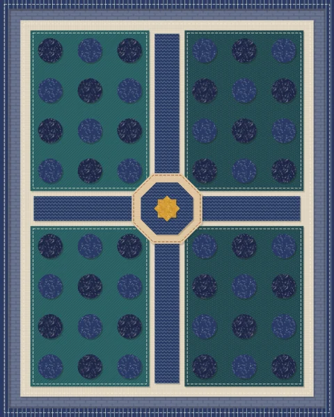A garden plan in teal and indigo with wide water channels, sand paths and dark round trees, the central pool marked by a saffron star.
