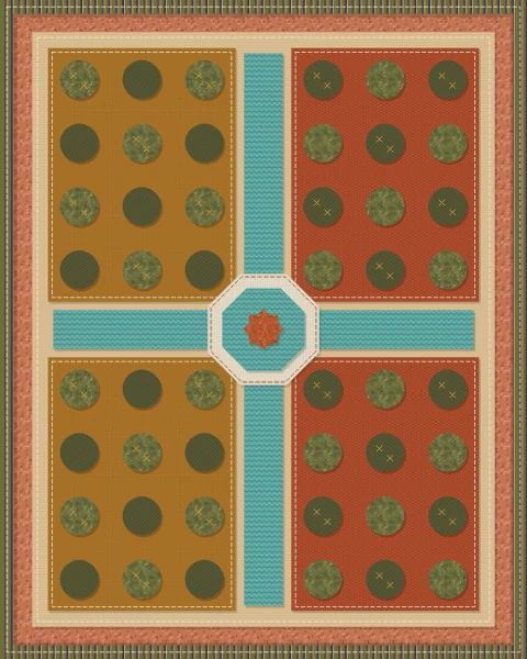 An orchard from above in rust and saffron beds, its rows of round trees marked with fruit and a turquoise channel crossing the middle.