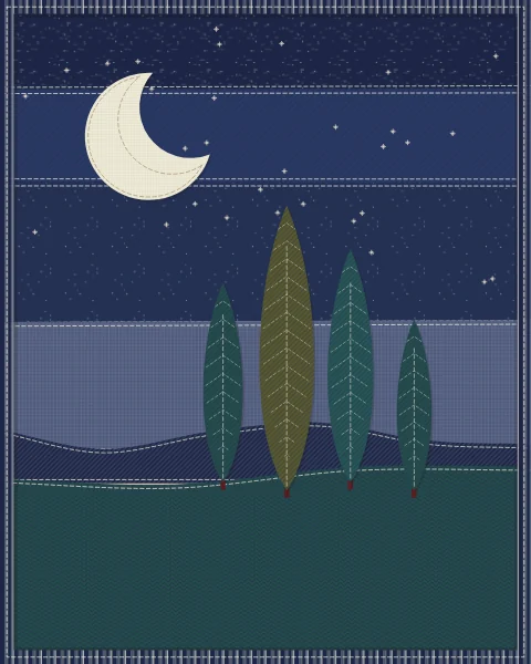 Tall dark cypresses against an indigo night with a large crescent and a few stars above the hills.