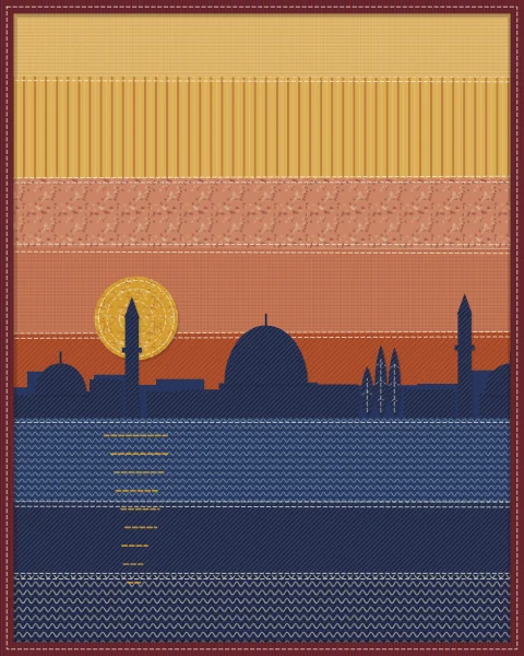 The outline of a town of domes, minarets and cypresses in indigo against bands of saffron and rust, the sun laid in gold lines across the water below.