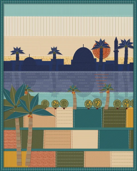 A low oasis town of domes and palms in navy fabric at dawn, mirrored in a still band of water, with patchwork garden plots, irrigation channels and date palms in front.
