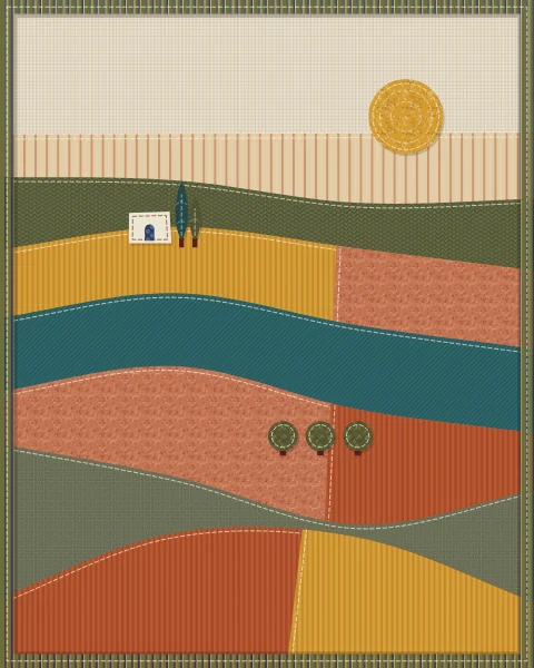 Curved bands of terraced fields in olive, saffron, rust and teal fabrics, with a white house, two cypresses and small trees under a pale sky.