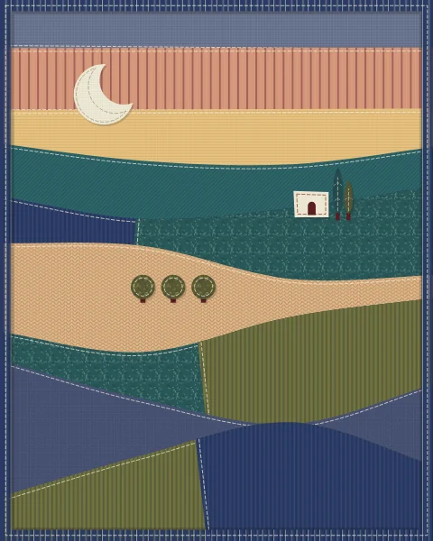 Rolling fields in indigo, teal and sand under a crescent in a dusky sky, a lone house and cypresses on the second ridge.