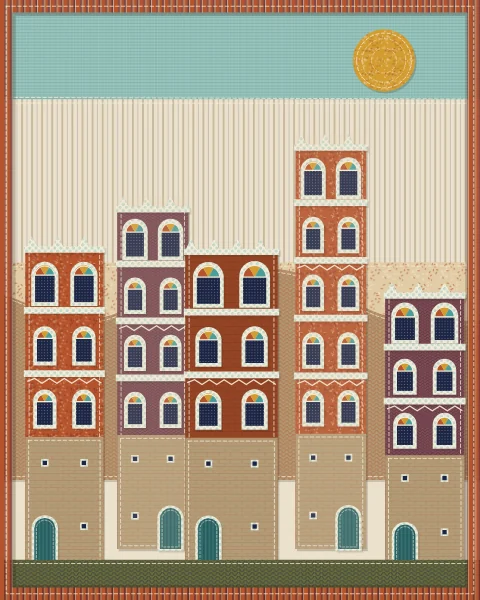 Tall tower houses in rust and oxblood fabric with white lace bands between the floors, round saffron fanlights over the windows and mountains behind.