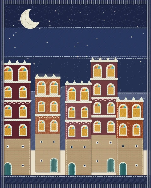 Tower houses at night, their fanlights glowing saffron and rust, white bands bright against oxblood walls and a crescent overhead.