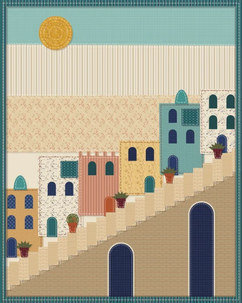 A stepped lane climbing past houses in cream, sand and turquoise, with pots of plants on the steps and an arch bridging the way.
