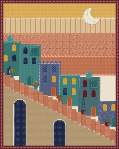 The stepped lane at dusk, climbing the other way past teal and indigo houses with lit windows, under a crescent.
