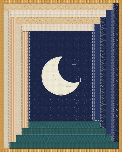A crescent at the centre of a log-cabin block: strips of fabric set around it, light on two sides and indigo and teal on the other two.