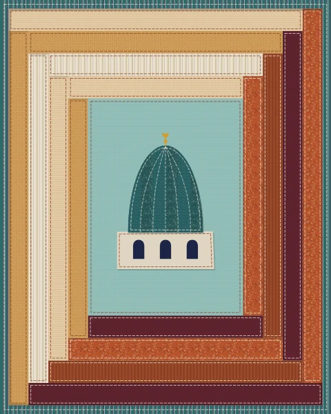 A small domed building at the centre of a log-cabin block of rust, saffron and sand strips.