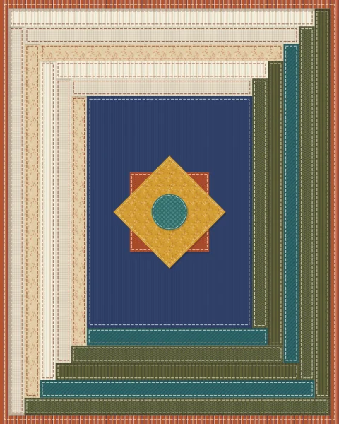 An eight-point star in saffron and rust at the centre of a block of olive, teal and oatmeal strips.