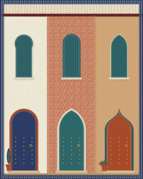 A row of house fronts in different fabrics, each with its own arched door, studs, step and small window, and pots set out on the street.