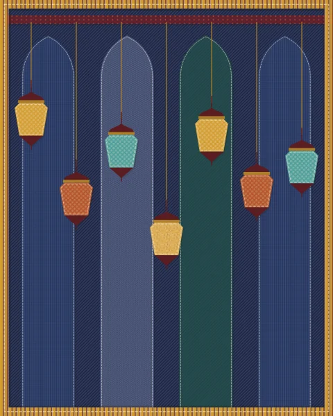 Lanterns of lace-patterned fabric in saffron, rust and turquoise hanging at different heights in front of tall indigo arches.