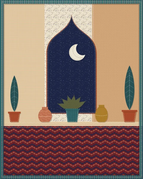 Clay jars and potted plants on a stone ledge in front of an ogee niche holding a crescent, above a band of oxblood ikat.