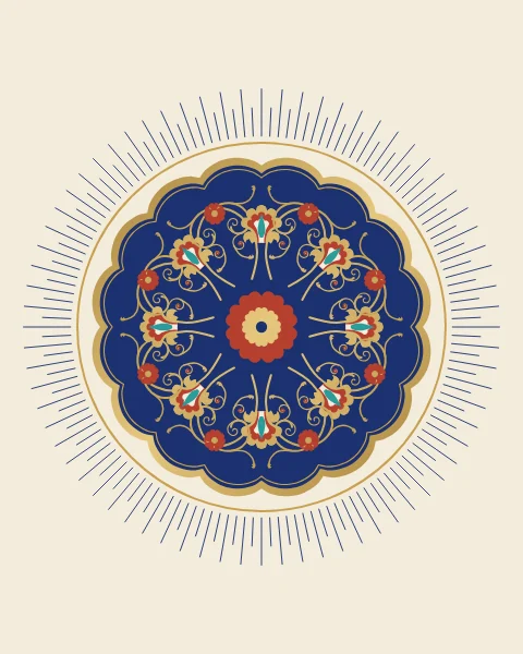 A scalloped lapis medallion of eight-fold gold scrolls and hatayi blossoms around a coral rosette, ringed by hundreds of fine radiating rays.