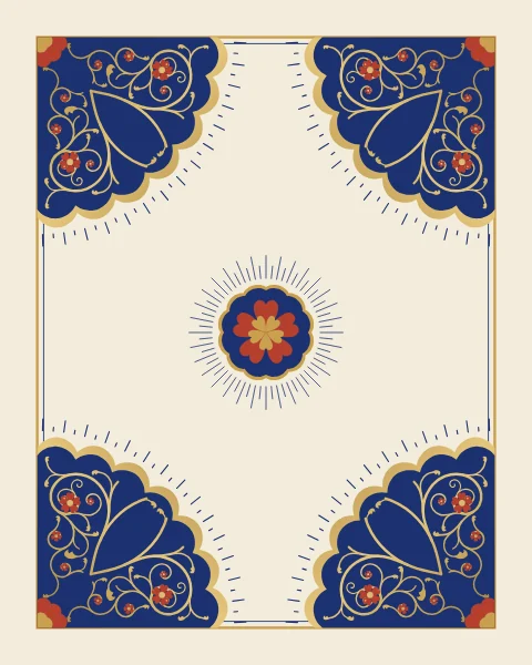 Four quarter-medallions of gold arabesque on lapis tuck into the corners of an ivory field, with a small rosette at the centre.