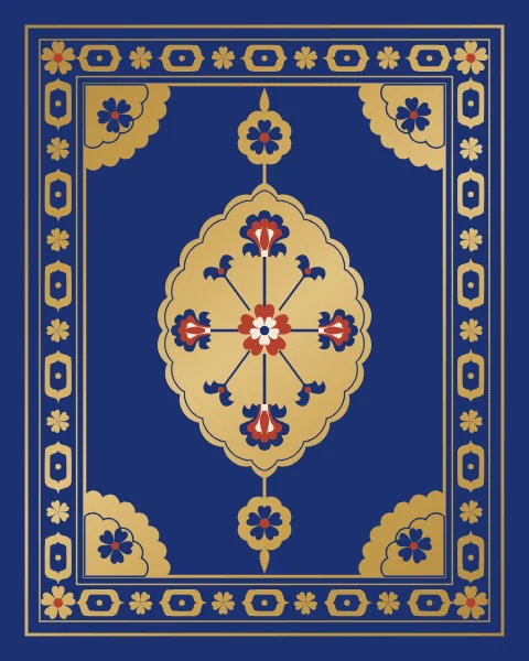 A deep blue panel with a gilded almond medallion of hatayi blossoms and split palmettes, two pendants, gold corner pieces and a border of small cartouches.