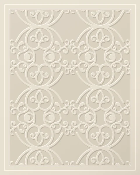 A tone-on-tone plaster panel of mirrored scrolls and leaves, shaded as if carved in low relief.