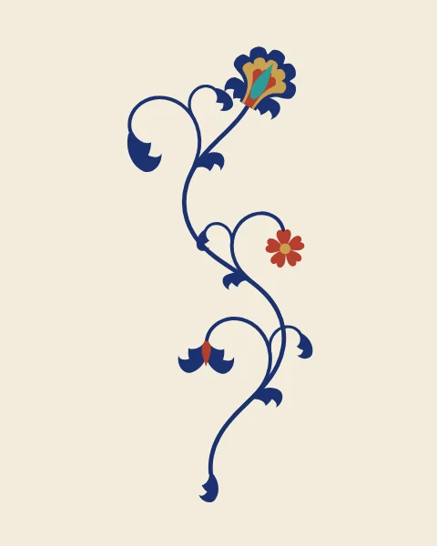 One blue vine winds across an ivory field, putting out tendrils that end in half-palmettes, small rosettes and a single blossom.