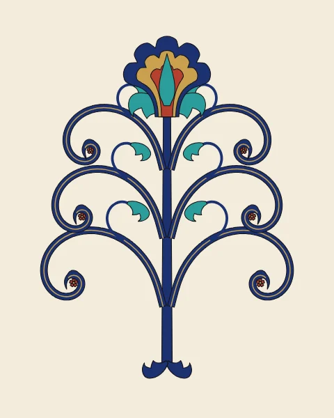 A symmetrical tree of blue scrolling bands, each tier curling out into a coil with a coral rosette, crowned by a hatayi blossom.