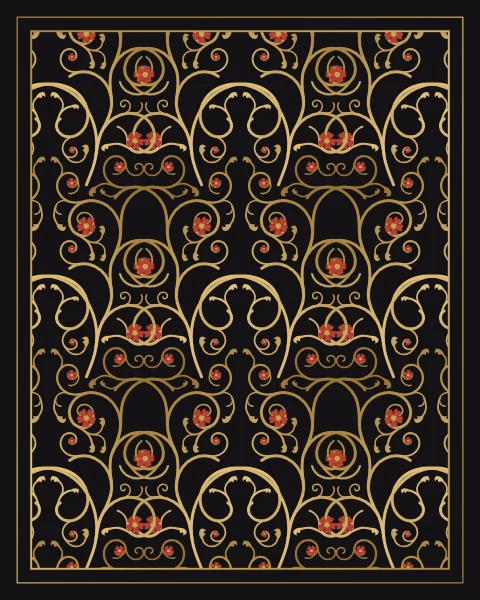Fine gold scrolls, leaves and coral-centred blossoms repeat across a black ground within a thin gold frame.