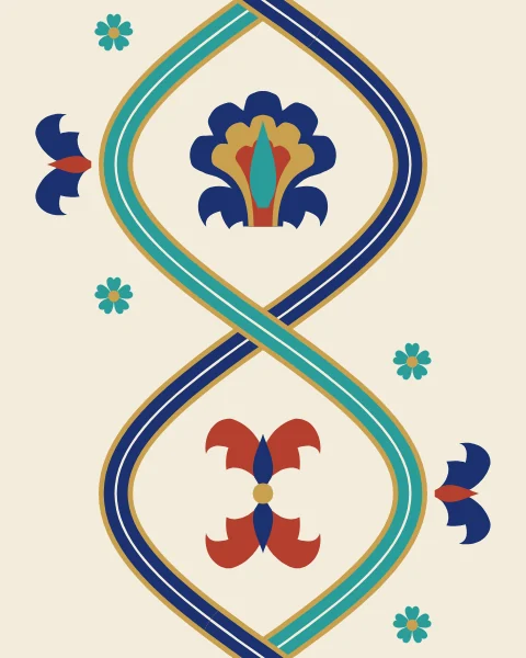 Two bands, one lapis and one turquoise, weave over and under each other, enclosing blossoms and split palmettes.