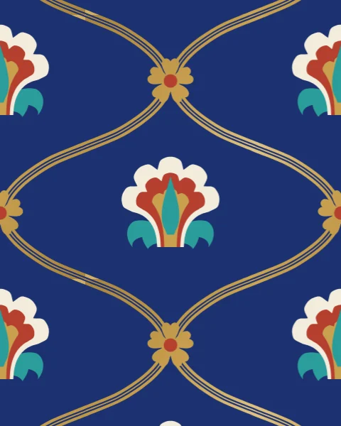 A gold ogee lattice on lapis, each pointed compartment holding a hatayi blossom, with gold rosettes where the lines meet.