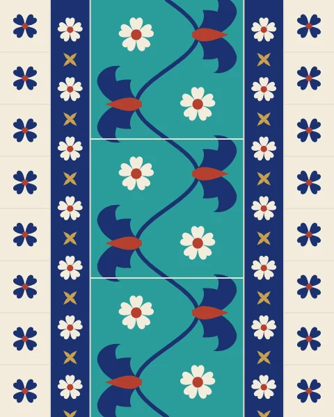 A run of tiles: a turquoise border of scrolling vine and split palmettes between lapis guard bands and plain ivory tiles.