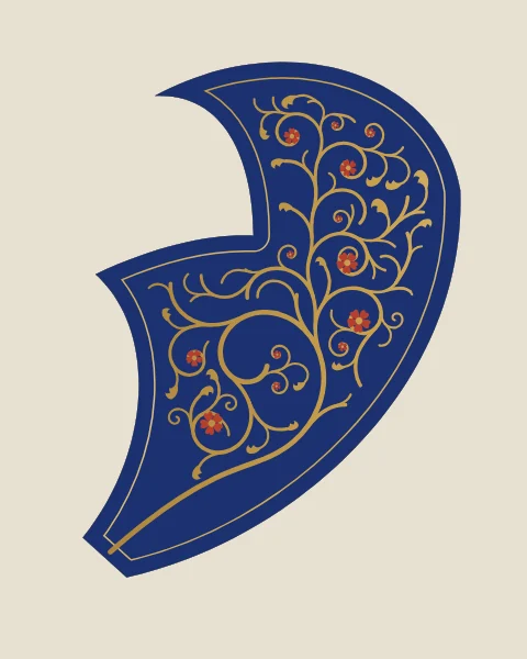 A single half-palmette at monumental scale, deep blue with a gold inner line and filled with a fine gold scroll and coral blossoms.