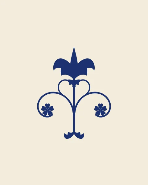 A small split palmette on a slender stem, with two curling tendrils, drawn in blue on ivory.