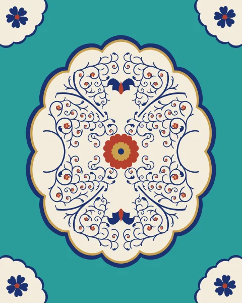 A scalloped ivory medallion, mirrored on both axes, filled with blue scrolls and coral blossoms on a turquoise ground, with quarter rosettes in the corners.