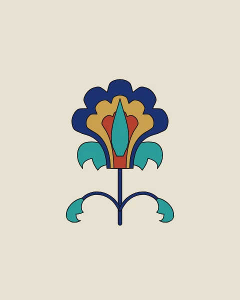 A single stylised blossom in lapis, gold, coral and turquoise on a short stem with two curling leaves, set on a plaster ground.