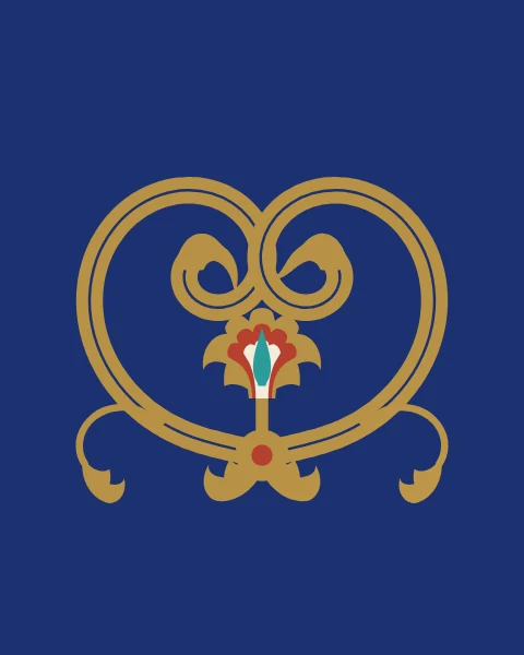 Two gold bands spiral out from a common base on a lapis ground, with a hatayi blossom rising between them and half-palmettes curling from their lower curves.
