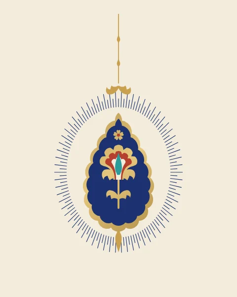 A gold-edged blue teardrop holding a single hatayi blossom on a slender stem hangs from a fine gold cord, surrounded by faint rays.