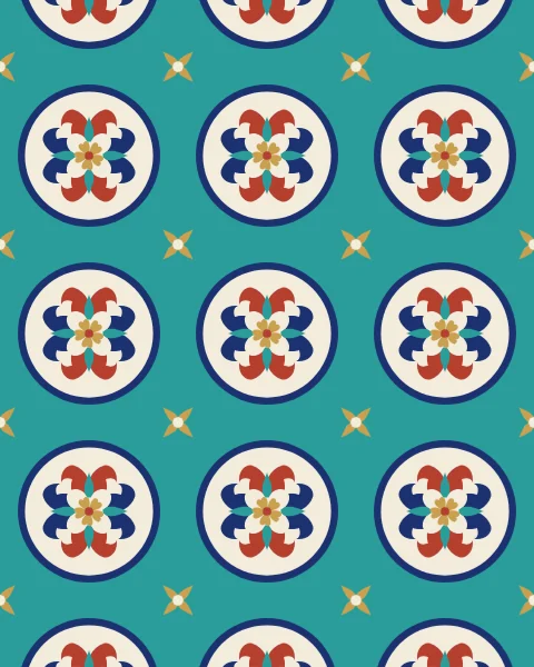 Ivory roundels ringed in lapis, each holding four split palmettes around a gold rosette, repeat across a turquoise ground.